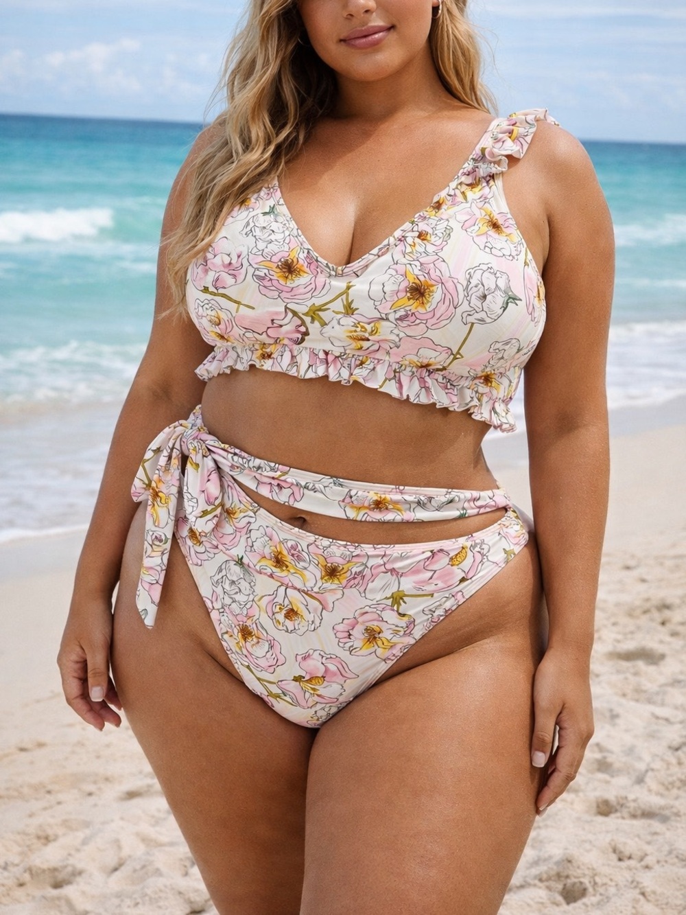 SHEIN Plus Size 2XL White Floral Ruffled Bikini 2 Piece Women’s Swimsuit